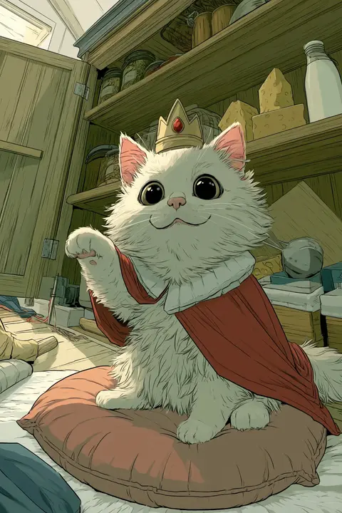 The fluffy cat king in a red cape