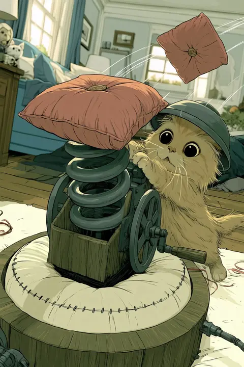 A kitten in a saucepan helmet with the pillow launcher