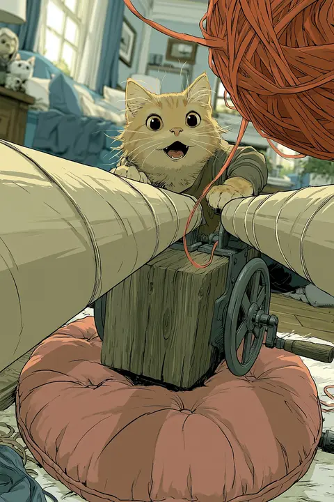 A kitten operating the yarn launcher